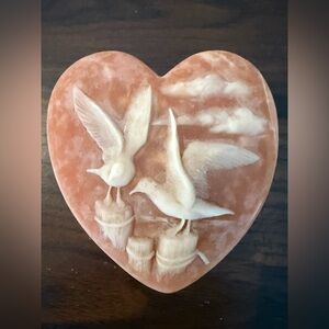 Heart-Shaped Carved Alabaster trinket holder with Birds - Peach & White - v